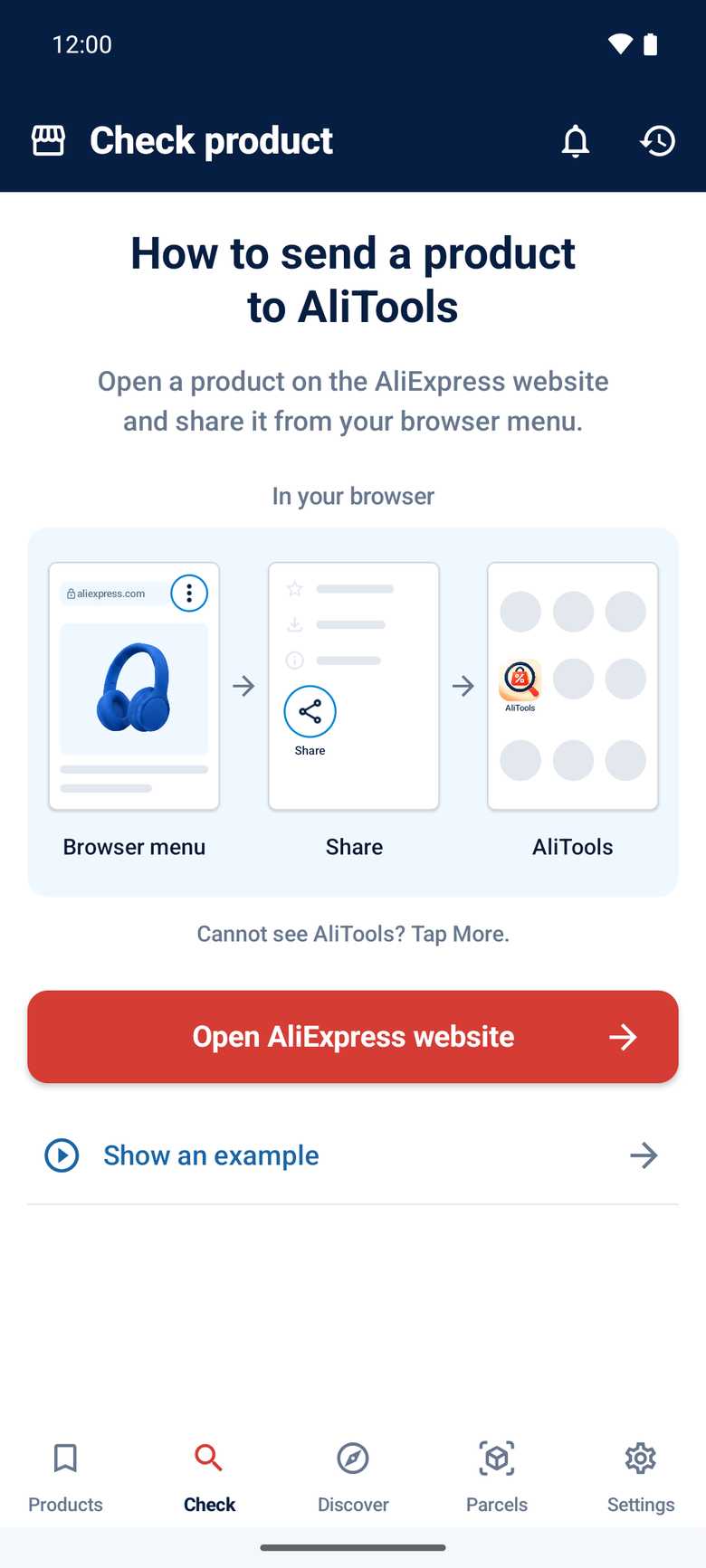 AliTools screen explaining how to send an AliExpress product from the browser