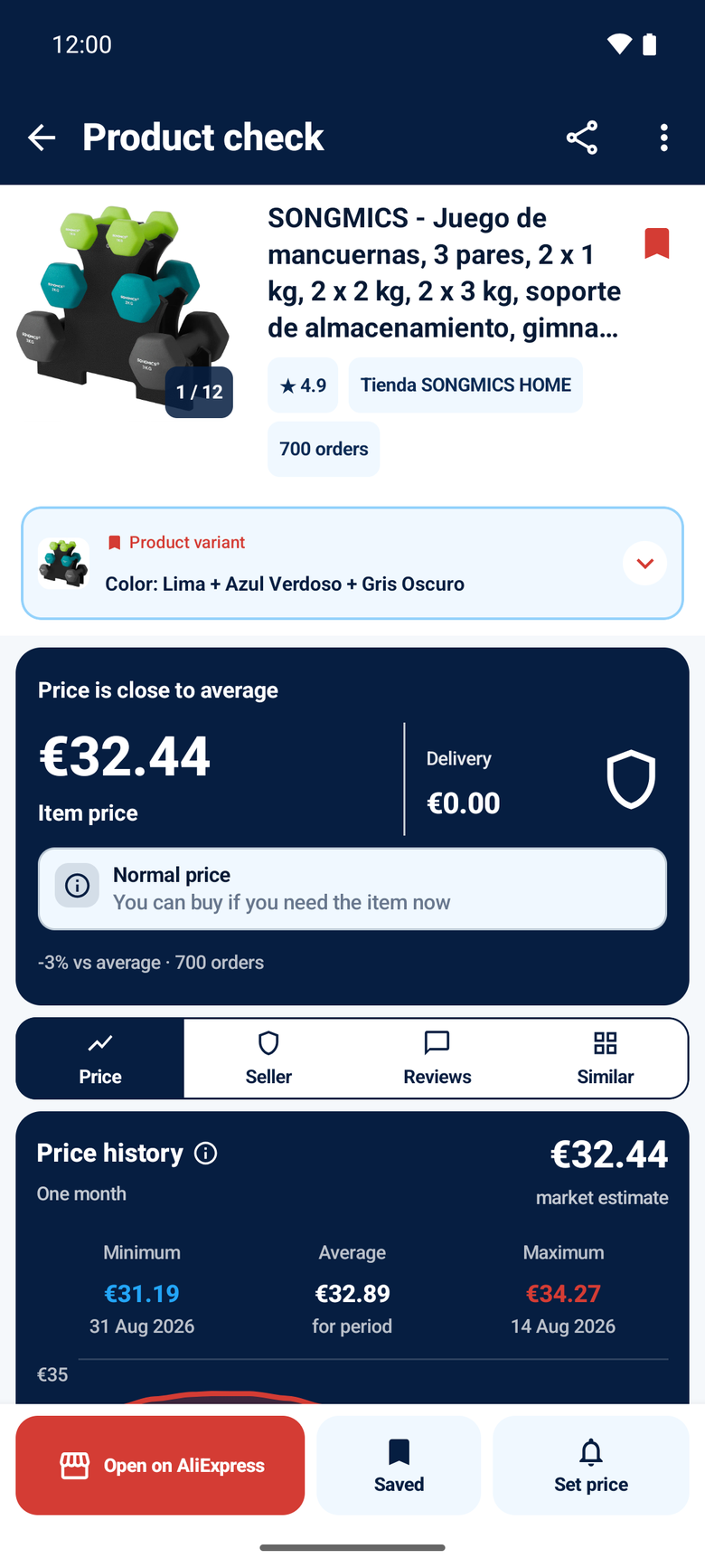 AliTools product analysis screen showing product details and price history
